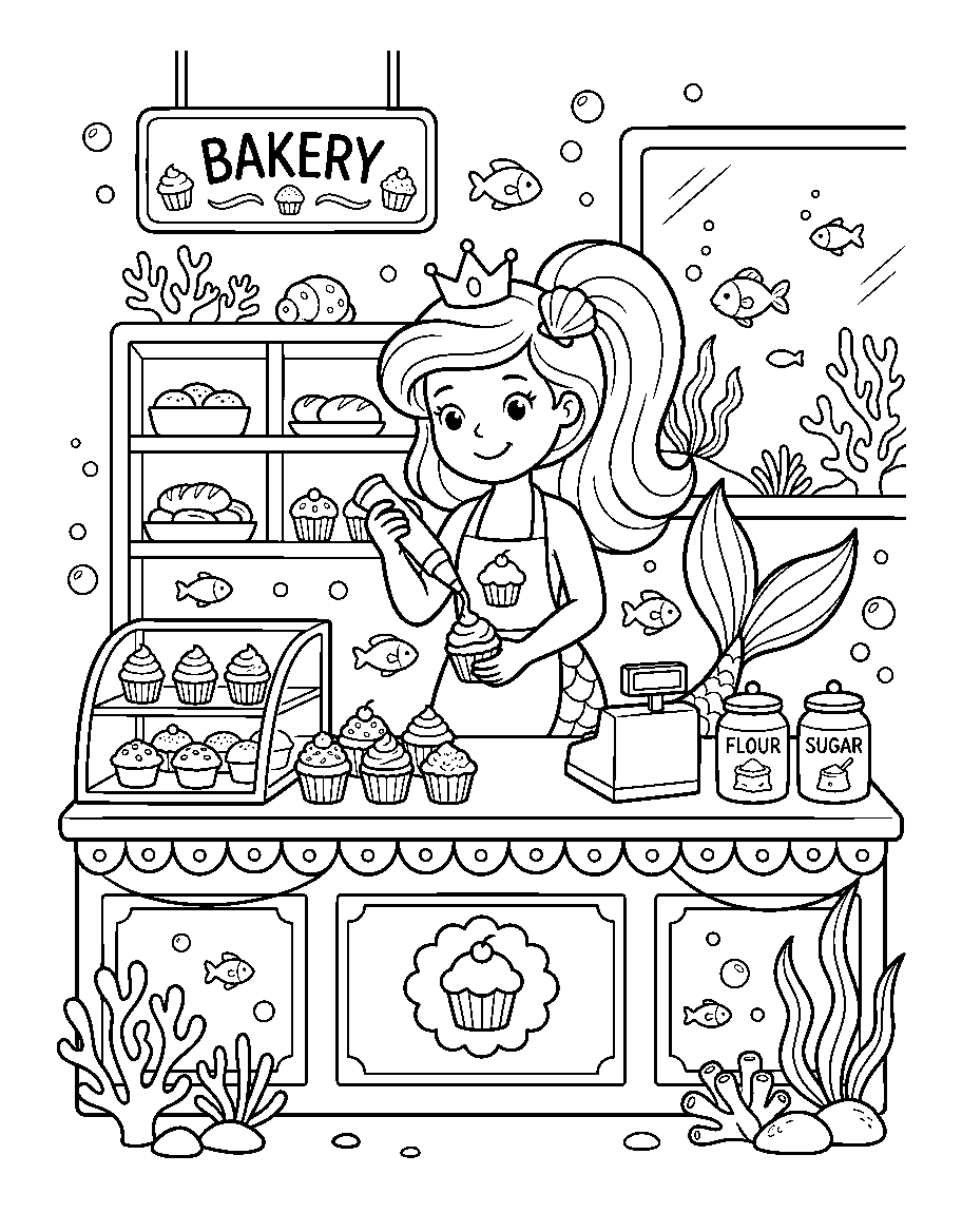A Mermaid Running A Cupcake Bakery coloring page — free printable