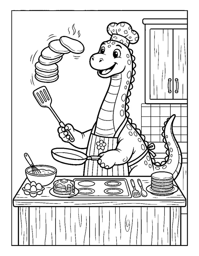 A dinosaur flipping pancakes