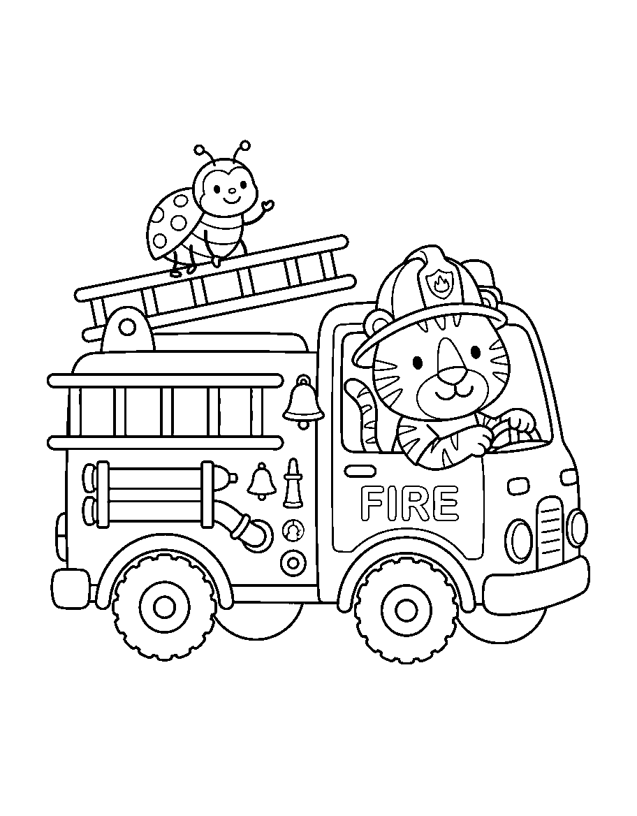 Fire Truck With Tiger And Ladybug coloring page — free printable